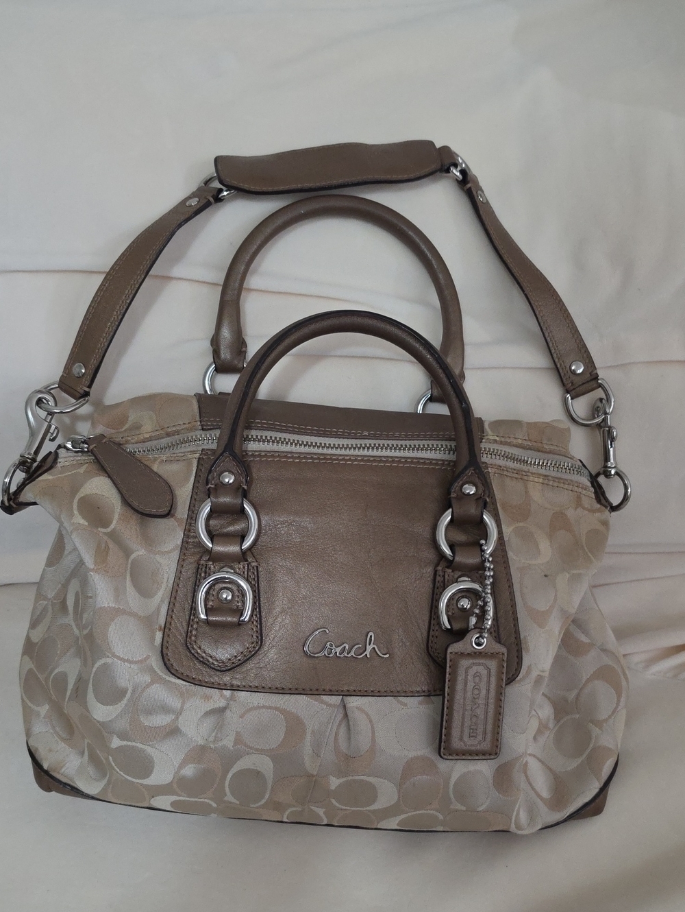 Coach Beige and Taupe Signature Shoulder Satchel